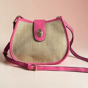 Moa | Leather & Straw-woven Shoulder / Crossbody Bag in Pink and Tan